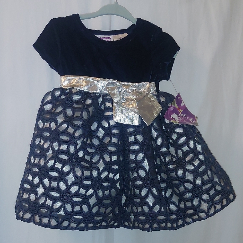 NWT Blueberi Blvd Girls' Navy and Silver Dress with Bow Size 12 Mos